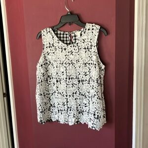 Cute black gingham top with white lace overlay.
